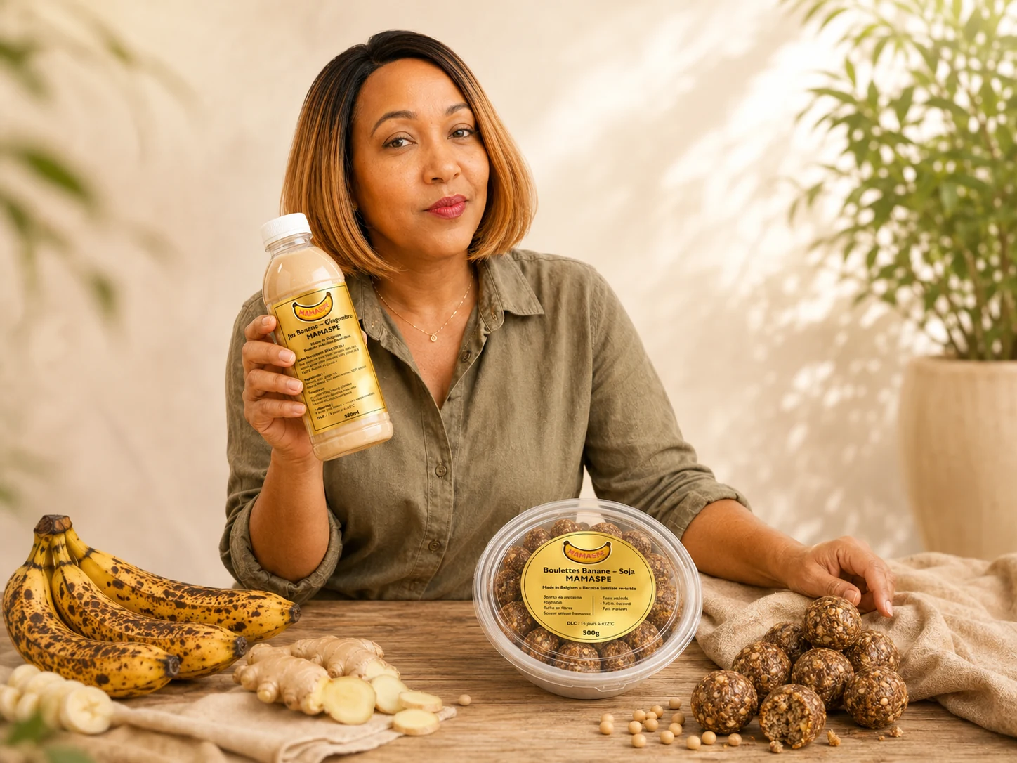 Présentation MAMASPE avec un jus banane-gingembre et des boulettes banane-soja