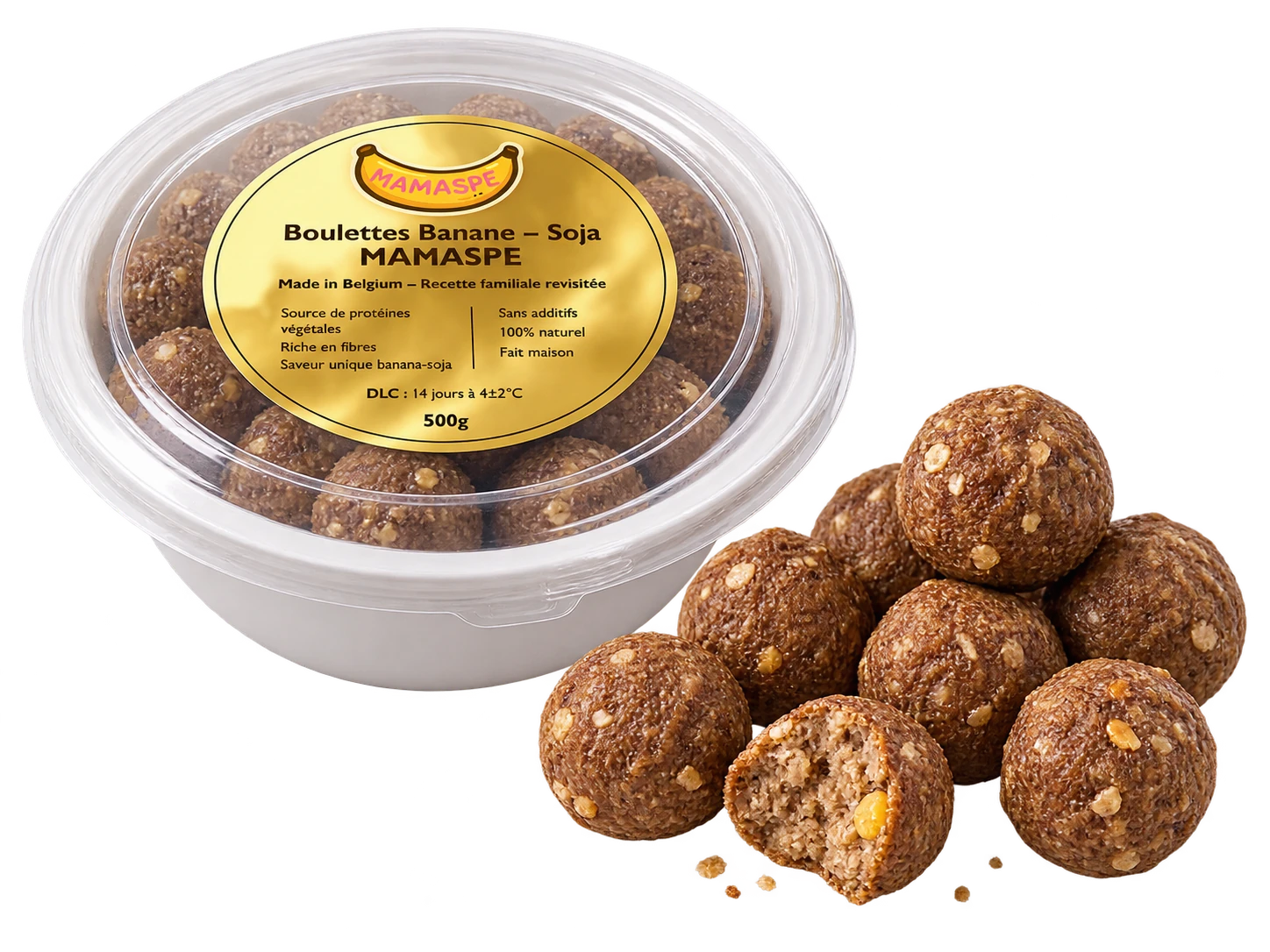 Boulettes banane-soja MAMASPE dans leur contenant, accompagnées de boulettes présentées à côté